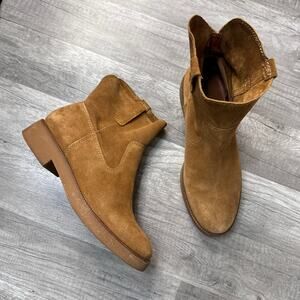 Lucky Brand Rhetty Tan Suede Western Cowgirl Boots Low Heel Chunky Slouchy SZ 9